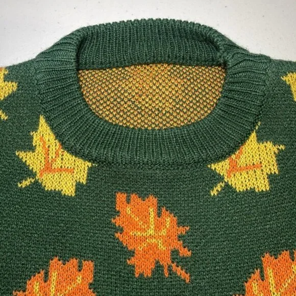 NEW Big Cozy Fall Leaf Sweater - KPJ Green Fall Leaf Knit - Women's Medium - Picture 3 of 12